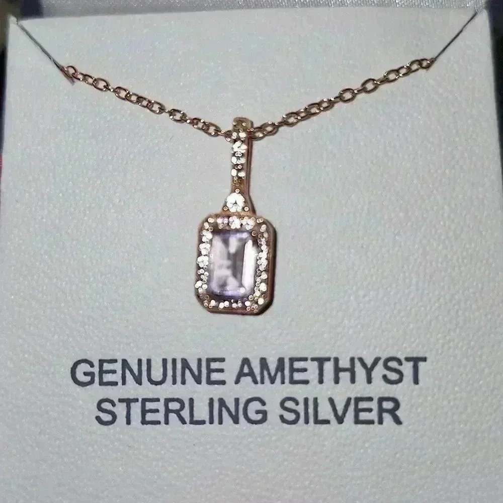 Genuine Amethyst Sterling silver Necklace 18" Chain - Picture 2 of 3